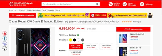 Giá bán sản phẩm Xiaomi Redmi K40 Gaming tại Website của Dienthoaihay.vn