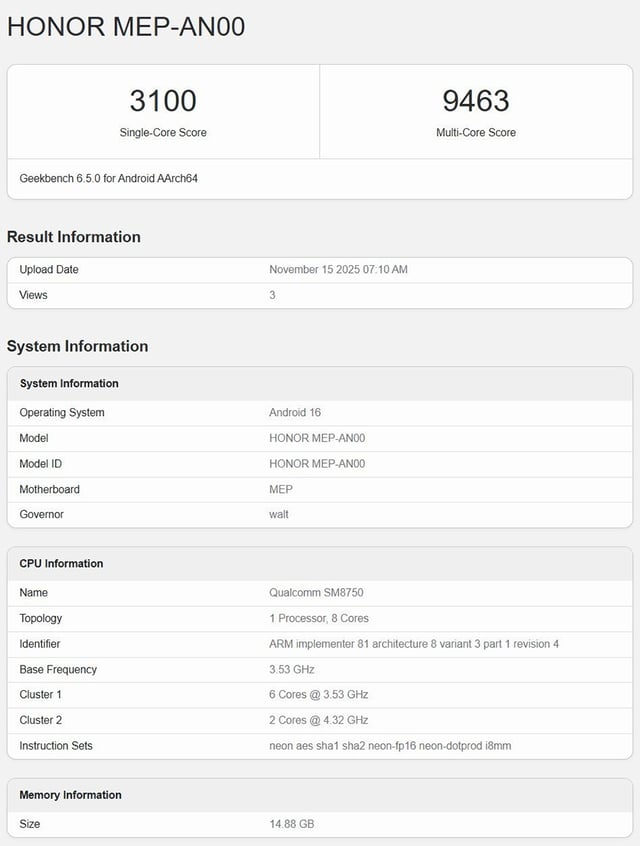 HONOR 500 Pro lộ hiệu năng ấn tượng trên Geekbench