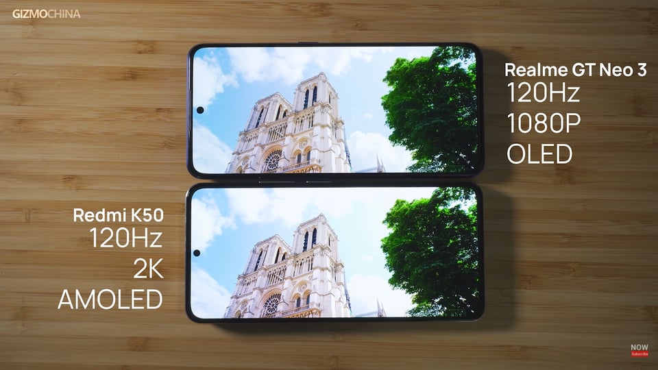 So sánh màn hình giữa Redmi K50 và Realme GT Neo 3 Chúng ta có thể thấy rõ độ sắc nét cũng như độ sáng ảnh của Redmi K50