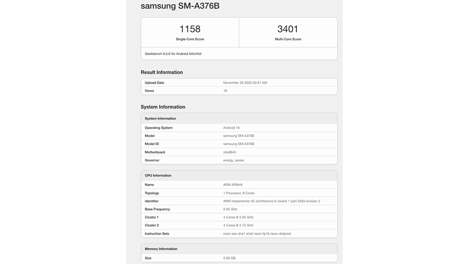 Galaxy A37 lộ hiệu suất ấn tượng trên Geekbench